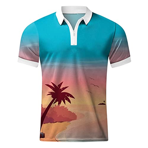 Herren T-Shirts Sommer Vintage Kurzarmshirt Frühling Regular Fit Poloshirt Mit Reißverschluss Casual Sommer T-Shirts Herren Sommer Streetwear Tops Business Revers T-Shirt Freizeithemd（XXL，Cyan-1） von Dhyuen