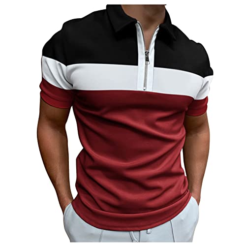 Sommer T-Shirts Herren Vintage Poloshirt Mit Reißverschluss Regular Fit Sommer Business Revers T-Shirt Frühling Herren T-Shirts Sommer Casual Freizeithemd Streetwear Tops Kurzarmshirt（XL，Wine-2） von Dhyuen