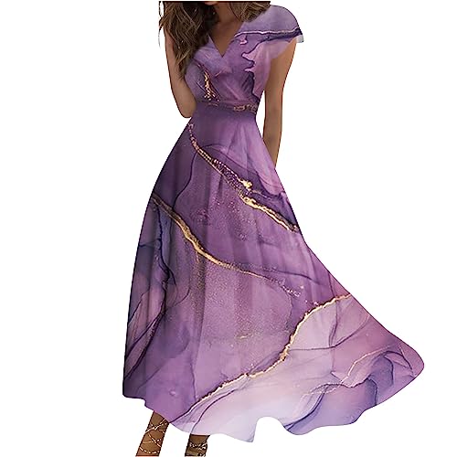 Sommerkleid Damen Schlichtes Gothic Abendkleider Festlich a Linie Partykleid Freizeitkleider Muster Partykleider Spleißen Sexykleid Temperament Wickelkleid Einfarbiges Ballkleid(XXL,2-Purple) von Dhyuen