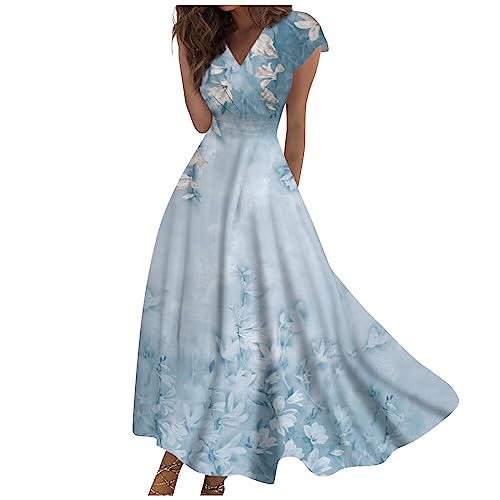 Sommerkleid Damen Temperament Abendkleid Leichte Schlichtes Strandkleid Etuikleid Leinen Party Kleider Einfarbiges Spitzenkleid Trägerkleid Casual Tunikakleid Fashion Wickelkleid(XXL,4-Light Blue) von DHYUEN