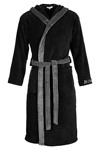 Di Ficchiano Herren Bademantel Frottee – mit Kapuze, Gürtel & Taschen – Morgenmantel, Hausmantel, Saunamantel – Weich & Flauschig – M Schwarz-Grau von Di Ficchiano