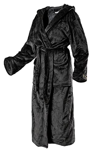 Di Ficchiano Unisex Herren Damen Bademantel mit Kapuze I Morgenmantel flauschig I Nachtwäsche aus edler Mikrofaser I Kimono Farbe: Shiny-Black, Gr. L von Di Ficchiano