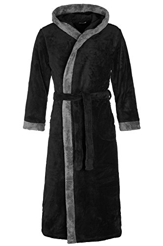 Di Vadini Unisex Herren Damen Bademantel Prato mit Kapuze I Morgenmantel flauschig I Nachtwäsche aus edler Mikrofaser Farbe: Black/Grey, Grösse: L von Di Vadini