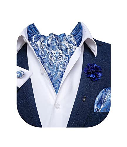 DiBanGu 4 Stück Ascot-Krawatten für Herren, Jacquard-Krawatte, Ascot-Krawatte, Einstecktuch, Manschettenknöpfe mit floralem Anstecknadel, 07 hellblau, Einheitsgröße von DiBanGu
