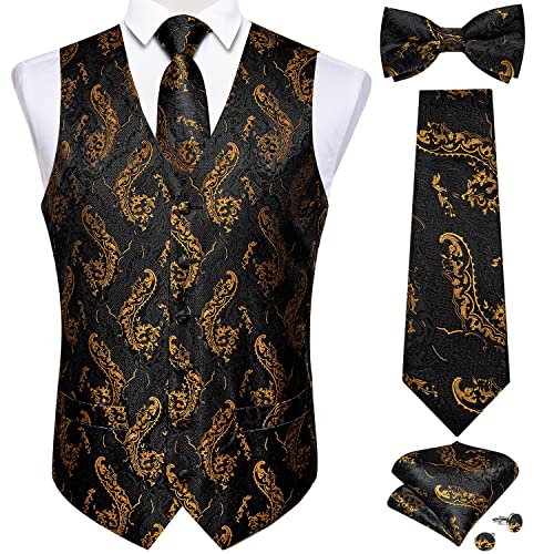 DiBanGu Anzugweste für Herren, 5 Stück Hochzeit Paisley Weste Krawatte und Fliege Einstecktuch Manschettenknöpfe S-3XL, Schwarz und gold, Small von DiBanGu