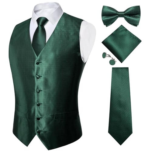 DiBanGu Anzugweste für Herren, 5 Stück Hochzeit Paisley Weste Krawatte und Fliege Einstecktuch Manschettenknöpfe S-3XL, Smaragdrün, XX-Large von DiBanGu