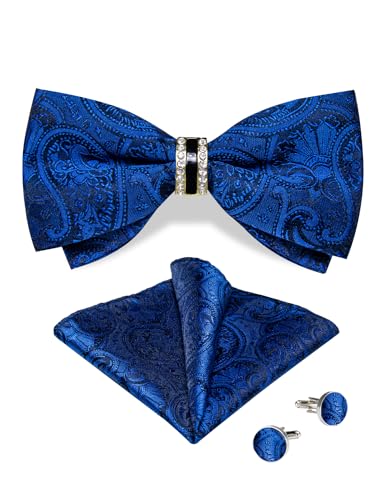 DiBanGu Blau Paisley Fliege für Herren Seide Schatz Blau vorgebundene Fliege mit Ring und Einstecktuch Manschettenknöpfe Set für Party Prom von DiBanGu