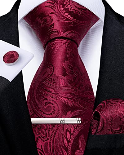 DiBanGu Burgunder Paisley Krawatte für Herren formellen Rot Seiden-krawatte und Einstecktuch Manschettenknöpfe Hochzeit Party Krawattenklammer Set von DiBanGu