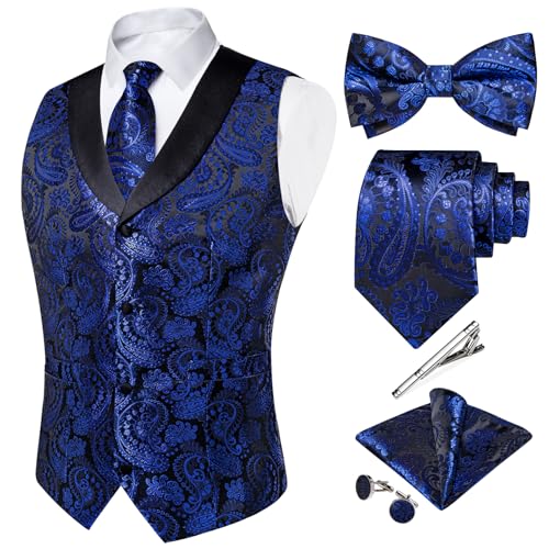 DiBanGu Anzugweste für Herren, Schalkragen, Weste, Set mit Krawatte, Fliege, Krawattenklammer, Einstecktuch, Manschettenknöpfe, 6 Stück Weste, Blau Schwarz, Medium von DiBanGu