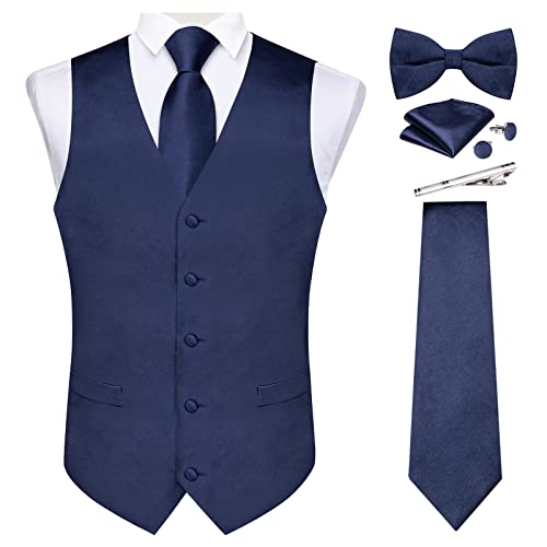 DiBanGu Einfarbig Anzug Weste für Männer Satin Weste Set mit Krawatte Fliege Krawattenklammer Einstecktuch Manschettenknöpfe 6 Stück Weste, Marineblau 0317, XXX-Large von DiBanGu