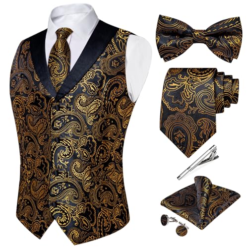 DiBanGu Einfarbig Anzug Weste für Männer Satin Weste Set mit Krawatte Fliege Krawattenklammer Einstecktuch Manschettenknöpfe 6 Stück Weste, Schwarz Gold, XXX-Large von DiBanGu