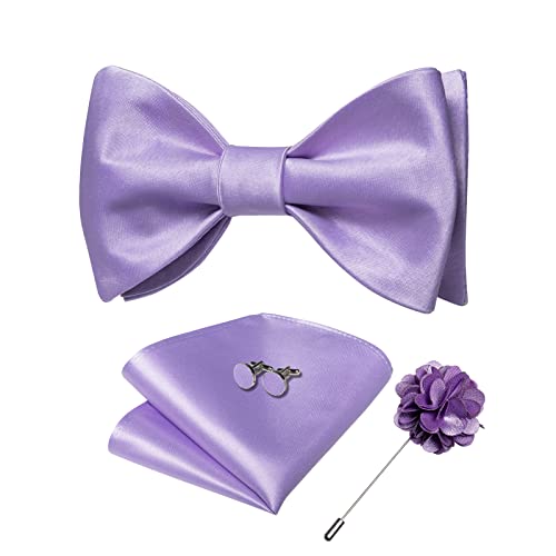 DiBanGu Einfarbiges Fliegen-Set für Herren, formale Satin-Fliege, selbstgebundene Fliege, Anstecknadel, Einstecktuch, Manschettenknöpfe, Hochzeitsfeier, Helles Violett, Einheitsgröße von DiBanGu