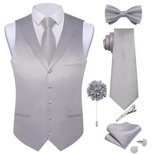 DiBanGu Formal Suit Vest Tie Set for Men Classic Solid Notch Revers Dress Waistcoat Satin Vest Bowtie for Wedding Party, GRAU, Large von DiBanGu