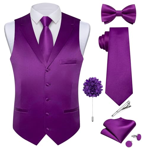 DiBanGu Formal Suit Vest Tie Set for Men Classic Solid Notch Revers Dress Waistcoat Satin Vest Bowtie for Wedding Party, Violett, XX-Large von DiBanGu