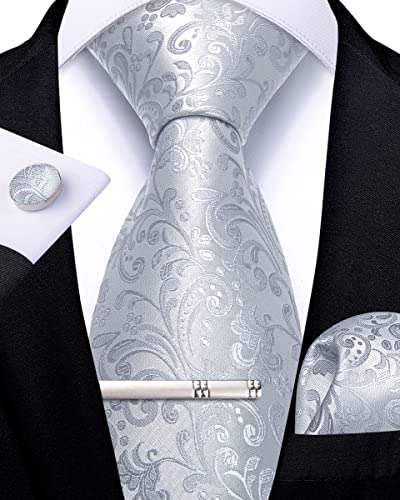DiBanGu Formelle Herren Silber Krawatte Seide Paisley Krawatte und Einstecktuch Manschettenknöpfe Krawattenklammer Geschenkbox-Set für Smoking Hochzeit Party von DiBanGu