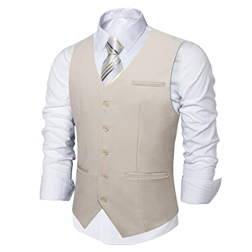 DiBanGu Herren Anzug Weste Formale Hochzeit Slim Fit Einreiher Ärmellos V-Ausschnitt 2 Taschen Solide Kleid Weste Abschlussball Smoking, Beige, Small von DiBanGu