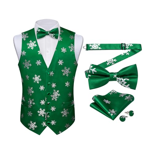 DiBanGu Herren-Weihnachtsweste, festliches Weihnachtskleid, Weste und Fliege, Set für Urlaub, Urlaub, Kleid, Weste für Smoking-Partys, Grün/Silberne Schneeflocke, XXX-Large von DiBanGu