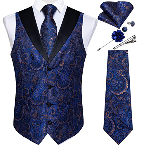 DiBanGu Herren-Anzugweste, Seide, Weihnachtsweste und Krawatten-Set für Urlaub, Festival, Hochzeit, Party, Weihnachten, Smoking-Weste, Krawatten-Set, Blau / Braun Paisley Revers Weste, Medium von DiBanGu