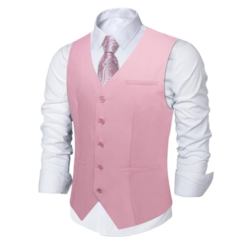 DiBanGu Herren Anzugweste Business Kleid Weste mit 2 Taschen V-Ausschnitt Smoking Westen für formelle Hochzeit, Pink, Large von DiBanGu