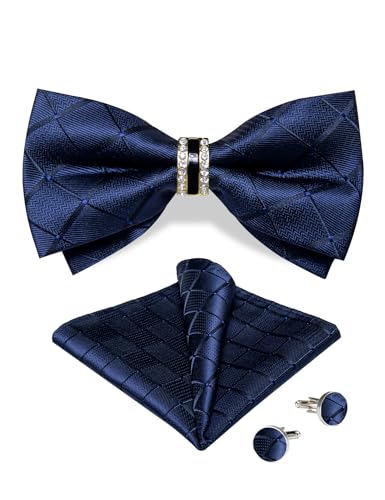 DiBanGu Herren Formal Blau vorgebundene Fliege, Seide Marineblaues Plaid Fliege mit Ring Einstecktuch Manschettenknöpfe für Hochzeit Party von DiBanGu