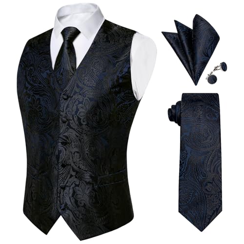 DiBanGu Herren Hochzeit Paisley Anzug Weste, Weste Krawatte und Einstecktuch Manschettenknöpfe groß und hoch, schwarz blau, X-Large von DiBanGu