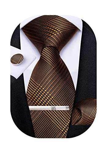 DiBanGu Herren-Krawatte, einfarbig, Seide, gewebt, gestreift, Krawatte, Taschentuch, Manschettenknöpfe, Krawattenklammer-Set, formelle Business-Hochzeit, Goldgestreift, Einheitsgröße von DiBanGu