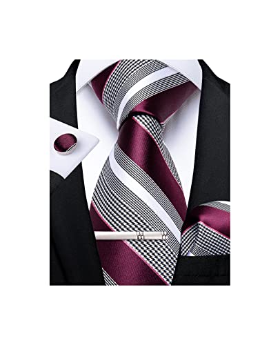 DiBanGu Herren Krawatte Einfarbig Seide Gewebt Gestreift Plaids Krawatte Taschentuch Manschettenknopf Krawattenklammer Set Formelle Business Hochzeit, Grau/Burgunderrot, M von DiBanGu