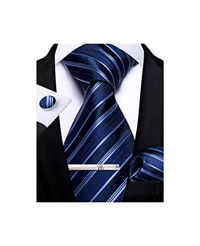 DiBanGu Herren Krawatte Einfarbig Seide Gewebt Gestreift Plaids Krawatte Taschentuch Manschettenknopf Krawattenklammer Set Formelle Business Hochzeit, Marineblau gestreift, M von DiBanGu
