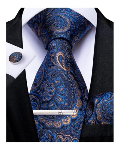 DiBanGu Herren Krawatte Taschentuch Seide Paisley Floral Krawatte Einstecktuch Manschettenknöpfe Krawattenklammer Set, 01 blau, 150 von DiBanGu