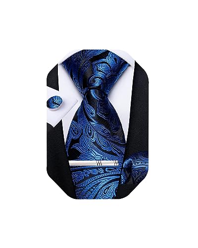 DiBanGu Herren Krawatte Taschentuch Seide Paisley Floral Krawatte Einstecktuch Manschettenknöpfe Krawattenklammer Set, blau/schwarz, Einheitsgröße von DiBanGu