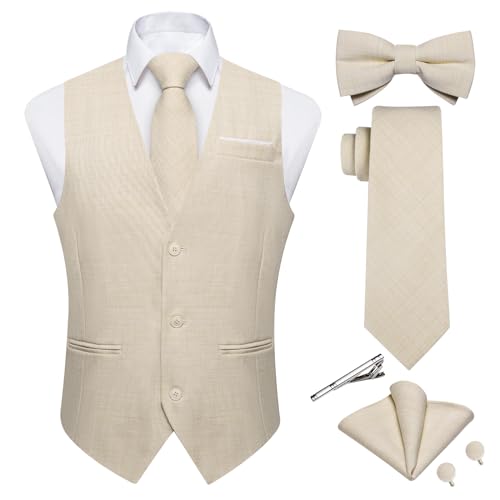 DiBanGu Herren-Anzugweste aus Leinen, legere Weste, Krawatte und vorgebundene Fliege, Set mit 6 Stück, einfarbig, für Hochzeit, Party, Beige, XX-Large von DiBanGu
