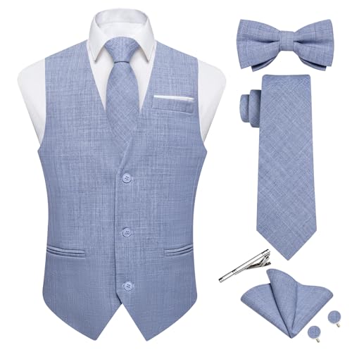 DiBanGu Herren Leinen Anzug Weste Casual Weste und Krawatte & vorgebundene Fliege Set 6PCS Einfarbig Kleid Weste für Hochzeit Party, Blau, XX-Large von DiBanGu