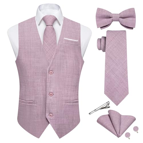 DiBanGu Herren Leinen Anzug Weste Casual Weste und Krawatte & vorgebundene Fliege Set 6PCS Einfarbig Kleid Weste für Hochzeit Party, Helles Violett, X-Large von DiBanGu