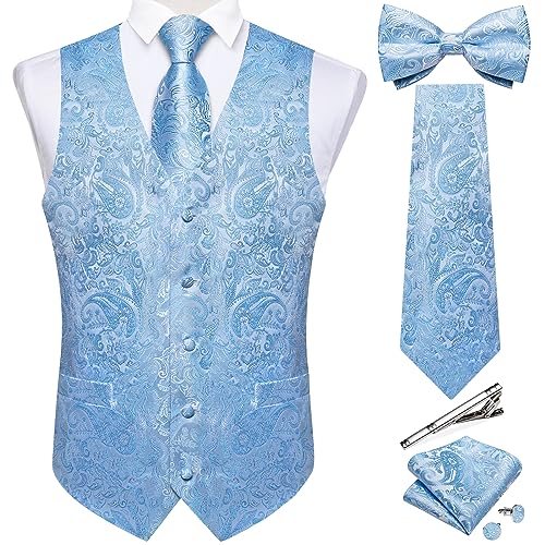 DiBanGu Herren Paisley Anzug Weste und Krawatte Set 6 Stück vorgebundene Fliege formelle Weste für Smoking, Hell, blau, Large von DiBanGu
