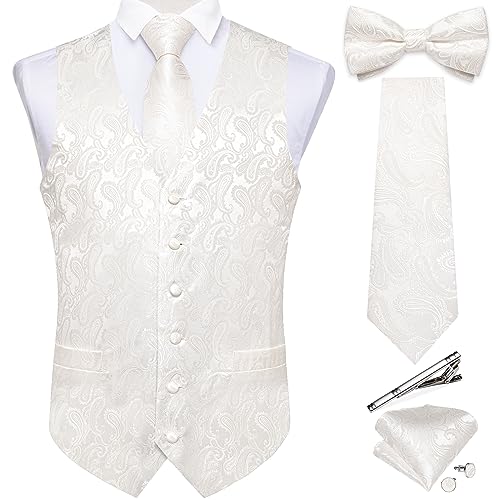 DiBanGu Herren-Paisley-Anzugweste und Krawatte, 6-teilig, vorgebundene Fliege, formelle Weste für Smoking, Weißes Paisley., Large von DiBanGu