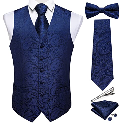 DiBanGu Herren Paisley Anzug Weste und Krawatten-Set, 6-teilig, vorgebundene Fliege, formelle Weste für Smoking, Blau, X-Large von DiBanGu