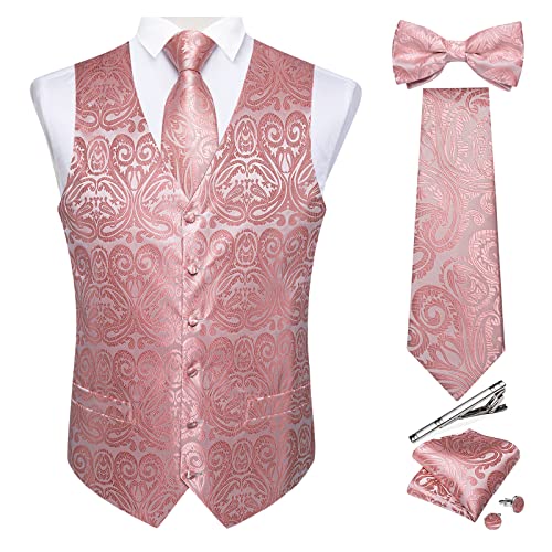 DiBanGu Herren Paisley Anzug Weste und Krawatten-Set, 6-teilig, vorgebundene Fliege, formelle Weste für Smoking, Pink, Large von DiBanGu