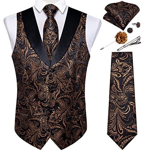 DiBanGu Herren Paisley-Anzugweste, 7-teilig, Seiden-Jacquard-Weste und Krawatte/Fliege, Smoking-Weste für Party, Hochzeit, Glänzendes Schwarz und Gold, XX-Large von DiBanGu