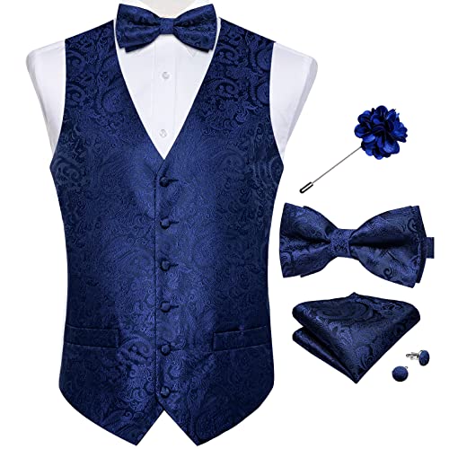 DiBanGu Herren Paisley-Anzugweste, 7-teilig, Seiden-Jacquard-Weste und Krawatte/Fliege, Smoking-Weste für Party, Hochzeit, Set mit Weste und Fliege, Paisleymuster, Blau, XXX-Large von DiBanGu