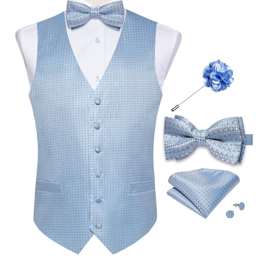 DiBanGu Herren-Paisley-Anzugweste, Seidenkleid, Weste und Fliege, Einstecktuch, Manschettenknöpfe mit Anstecknadel, Set für Hochzeits-Smoking, Babyblaues Karomuster, Small von DiBanGu