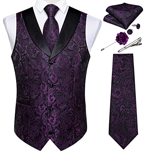 DiBanGu Herren-Paisley-Anzugweste aus Seide, Jacquard-Weste und Krawatten-Set, Schalkragen, Smoking-Kleid, Weste für Party, Hochzeit, Lila Paisley, Medium von DiBanGu