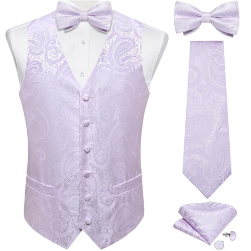 DiBanGu Herren-Paisley-Anzugweste und Krawatte, 6-teilig, vorgebundene Fliege, formelle Weste für Smoking, Lavendel, Medium von DiBanGu