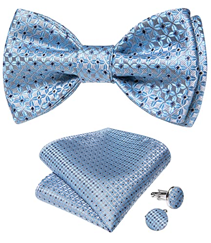 DiBanGu Herren Paisley Floral Seide Fliege Set Selbstgebundene Fliege und Einstecktuch Manschettenknöpfe Set für Hochzeit Party Business, Blau kariert, Einheitsgröße von DiBanGu