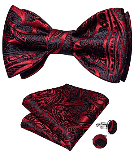 DiBanGu Herren Paisley Floral Seide Fliege Set Selbstgebundene Fliege und Einstecktuch Manschettenknöpfe Set für Hochzeit Party Business, rot / schwarz, Einheitsgröße von DiBanGu