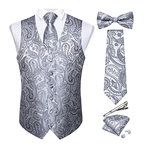 DiBanGu Herren-Set aus Seide, Paisleymuster, Weste und Krawatte, vorgebundene Fliege, formelle Weste für Hochzeit, Party, 6 Stück, silber, X-Large von DiBanGu