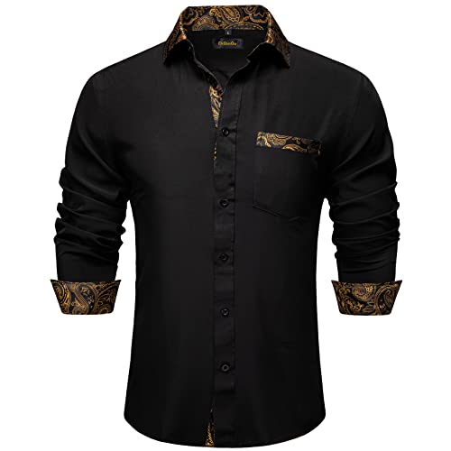 DiBanGu Herren Paisley Kleid Hemden Langarm Button Down Innen Kontrast Casual Business Hemd mit Kragen Pin, schwarz / goldfarben, Groß von DiBanGu