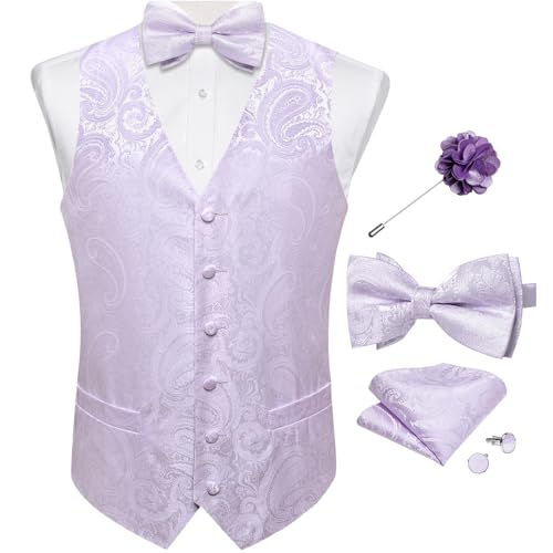 DiBanGu Herren-Paisley-Anzugweste, Seidenkleid, Weste und Fliege, Einstecktuch, Manschettenknöpfe mit Anstecknadel, Set für Hochzeits-Smoking, Flieder Paisleymuster, Medium von DiBanGu
