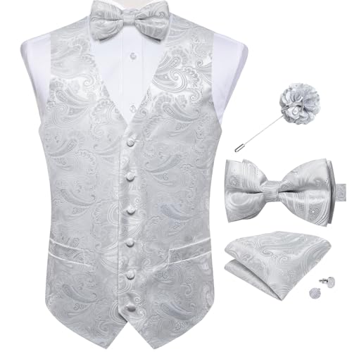 DiBanGu Herren-Paisley-Anzugweste, Seidenkleid, Weste und Fliege, Einstecktuch, Manschettenknöpfe mit Anstecknadel, Set für Hochzeits-Smoking, Paisley-Silber, Medium von DiBanGu