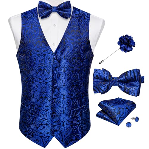 DiBanGu Herren-Paisley-Anzugweste, Seidenkleid, Weste und Fliege, Einstecktuch, Manschettenknöpfe mit Anstecknadel, Set für Hochzeits-Smoking, Schwarzes und blaues Paisleymuster, Large von DiBanGu