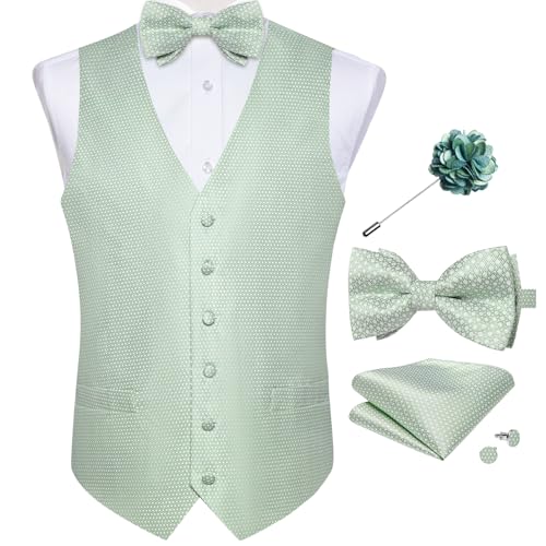DiBanGu Herren-Paisley-Anzugweste, Seidenkleid, Weste und Fliege, Einstecktuch, Manschettenknöpfe mit Anstecknadel, Set für Hochzeits-Smoking, Salbeigrün, Medium von DiBanGu